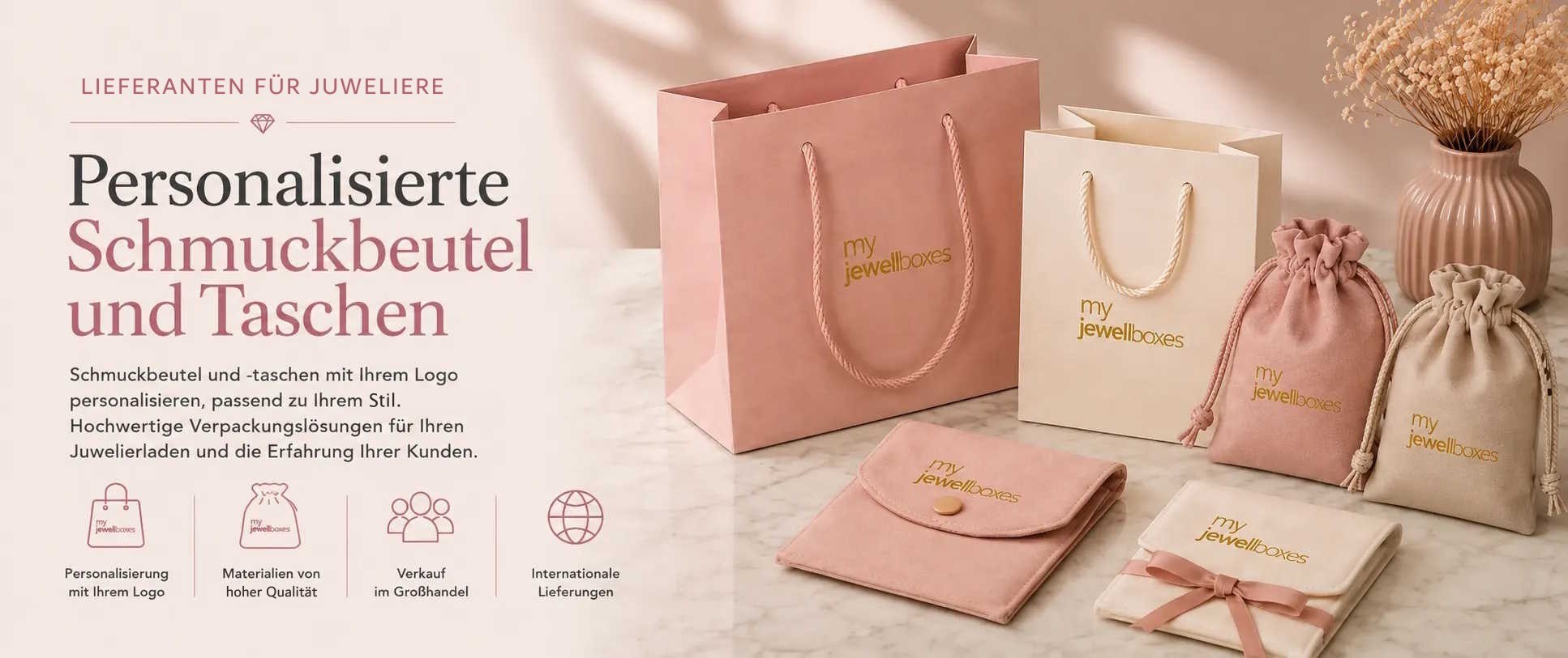 Personalisierte Schmucktaschen aus Papier und Velours mit Logodruck MyJewelBoxes